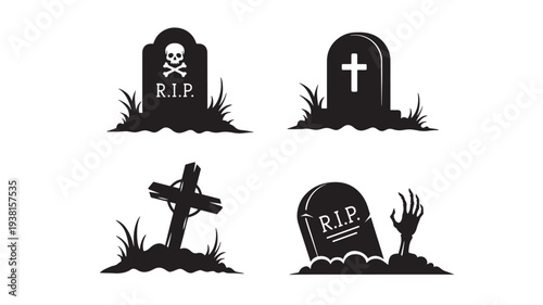 Tombstones with skull and crossbones, RIP inscription, and a cross in a stylized cemetery scene featuring tombstone, gravestone, rest in peace with
