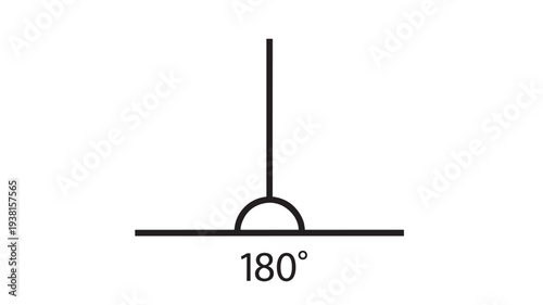 Angle 180 degree symbol icon on a white background with black lines representing geometry featuring degrees, geometric shape, protractor with
