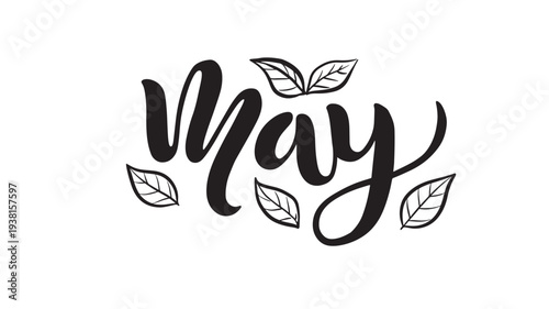 May handwritten text with decorative leaves, perfect for spring and seasonal greetings. featuring calligraphy, lettering, season with month and