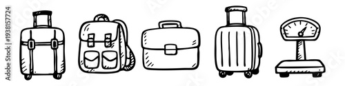 Set of hand-drawn travel luggage icons including suitcases, backpack, briefcase, and weight scale. Black and white doodle style sketch isolated on white background for tourism and travel design.