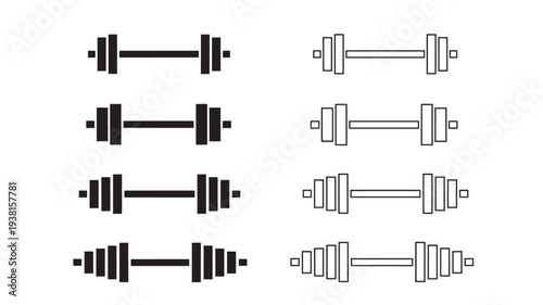 Barbells set with black and white outlines representing different weight plates for exercise and fitness