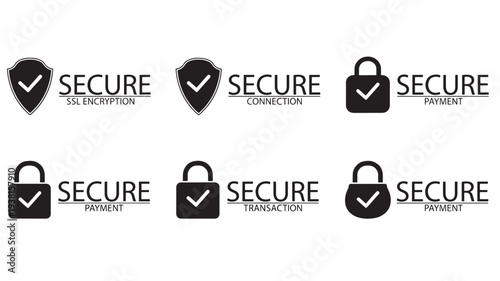 Secure payment icons with lock and shield symbols for SSL encryption, connection, and transactions featuring security, icon, padlock with checkmark