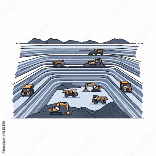 Open Pit Coal Mine With Heavy Machinery Working.