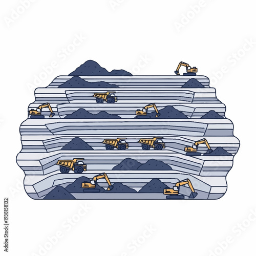 Open Pit Mining Operation With Heavy Machinery And Excavated Layers.