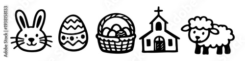 Set of hand-drawn Easter icons in black outline, featuring a bunny, decorated egg, basket, church, and sheep. Minimalist doodle collection for spring holiday designs and festive celebrations.