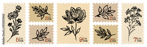 Vintage botanical postage stamps set. Vector ink floral illustrations on aged paper stamps with dry brush effect for wedding invites and aesthetic collage art.