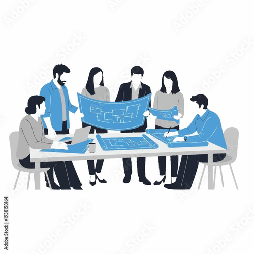 Team of professionals collaborating on blueprints at a meeting table.