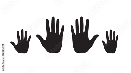 Hands icons set with different sizes and proportions, representing diverse human hands in a simple black silhouette.