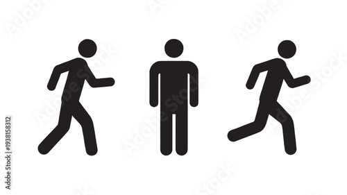 Silhouettes of three people, one standing and two running, with black simple figures on a white background.
