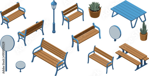 Urban park furniture isometric vector set, wooden benches, street lamps, picnic tables, outdoor public park equipment illustration
