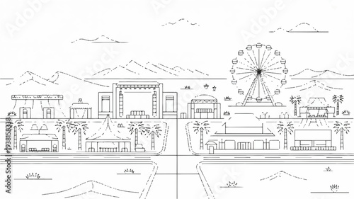 Amusement park landscape with ferris wheel and buildings illustration of fairground scenery with mountains in background
