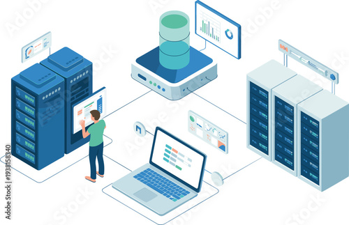 Data center server network isometric vector illustration, cloud database storage, hosting infrastructure, IT engineer managing servers technology