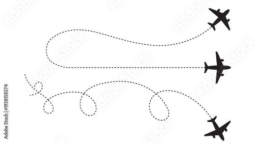 Three airplanes with dashed flight path lines indicating travel and movement across a white background in a simple design