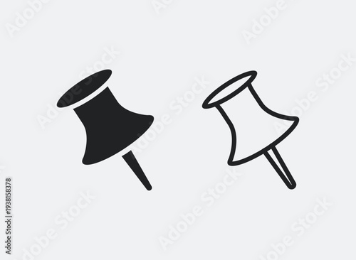 Set of Thumbtack icon collection. Location pin symbol. Thumb tack office supply. Pin button with flat head for attaching papers, memos and notes icons set. Stationery push pins, map markers linear