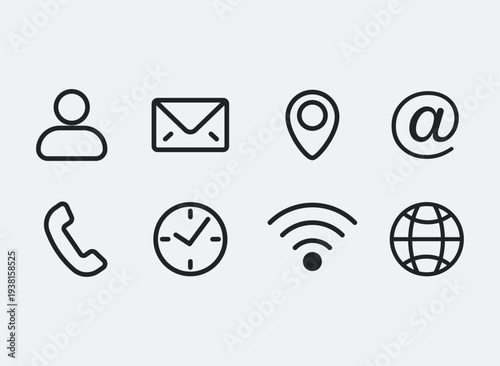 Black and white icons representing contact and connection information. People avater, email, call phone and location icons. Working hours, wifi and website symbols linear, UI UX design