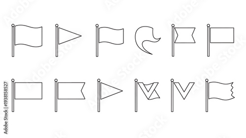 Flags outline set with different shapes and styles on poles, representing various designs and concepts for graphic representation.