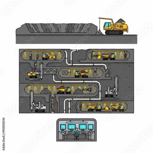 Underground Mining Operation with Heavy Machinery and Control Room.