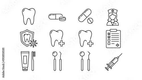 Dental care icons set with tooth, shield, virus, pills, nurse, clipboard, toothbrush, tools, and syringe