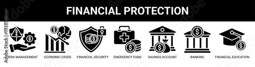 Financial Protection web banner icon vector illustration concept with icons of risk management, economic crisis, financial security, emergency fund, savings account, banking, and financial education.