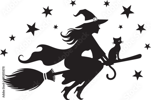 Black silhouette witch flying on broomstick with cat
