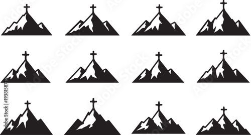 Set of 12 mountain with cross icons vector