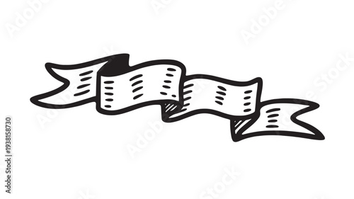 Banner hand drawn icon with curved wavy shape and dash marks, a simple monochrome emblem for design featuring ribbon, flag, scroll with badge and