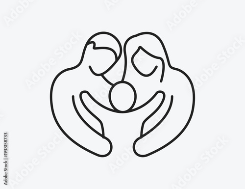 A minimalist line art icon depicts a family of three parents and a child in a warm, protective embrace, symbolizing love