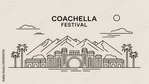 Coachella festival line art illustration with mountains palm trees and iconic arch entrance