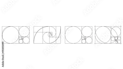Golden Ratio sequence of squares with inscribed circles and spiral illustration in black and white outline on a white background.