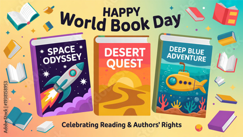 Happy world book day celebration with three colorful book covers and floating books