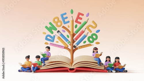 Children reading around a giant open book with a colorful alphabet tree growing out symbolizing education and literacy