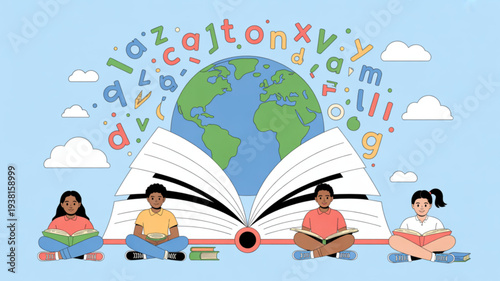 Diverse children sitting with books and globe emerging from open book surrounded by floating letters and clouds on blue background symbolizing education and learning