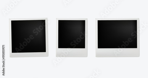 Photo frames collection. Tree empty white photo frame mockups 3D vector illustration. Empty white photo frame, polaroid