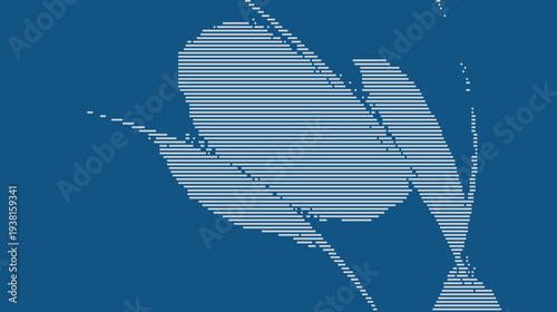 A blue and white illustration of a plant with leaves and stems in a simple line style
