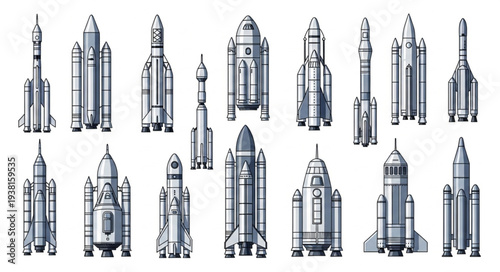 Collection of various spacecraft and rockets in a grid layout.