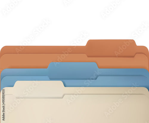 Stack of colorful office folders template in a 3D vector style. Paper cases archives mockup featuring a close-up view