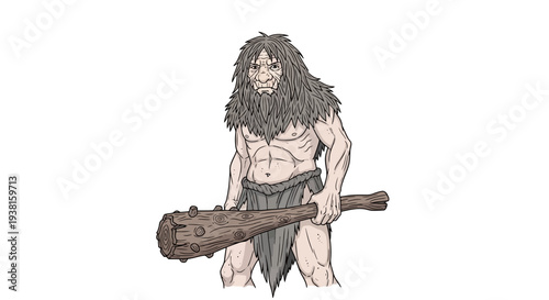 Strong caveman holding large wooden club
