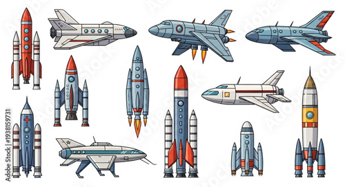 Collection of futuristic spacecraft and rockets in various designs.