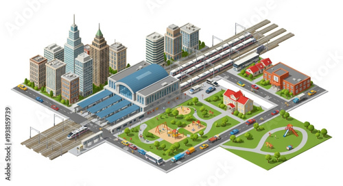 Isometric city illustration with buildings transportation and park.