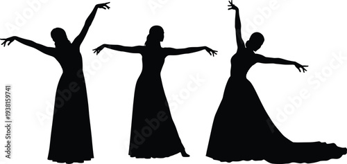 flamenco dancer silhouette vector set, spanish traditional dance illustration, elegant female dancer poses, cultural performance movement black silhouette