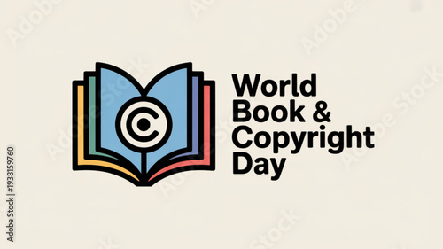 World book and copyright day logo with open book and copyright symbol on beige background