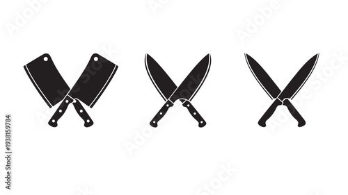 Knives crossed graphic icons in black silhouette, representing culinary tools and kitchen equipment featuring knife icon, cleaver, chef knife with