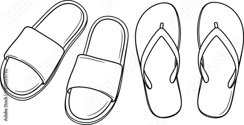 Flip flops, slide sandals, summer footwear, beach slippers, casual shoes, pair outline, fashion accessory, comfortable sandals, isolated vector illustration