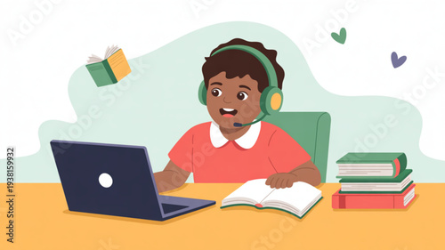 Young student wearing headphones studying with laptop and books on desk in a colorful minimalist workspace with floating books and hearts