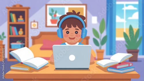 Smiling child wearing headphones studying online with laptop and books on wooden desk in cozy bedroom