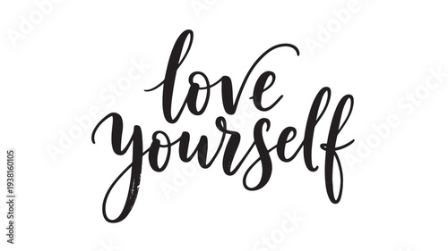 Calligraphy text "love yourself" in black ink on a white background, inspiring a message of self-acceptance and positive affirmations.