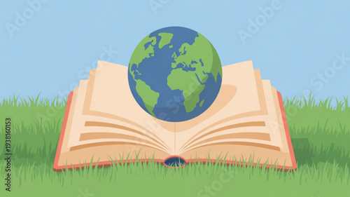 Open book with earth globe on grassy field symbolizing education and environmental awareness outdoors