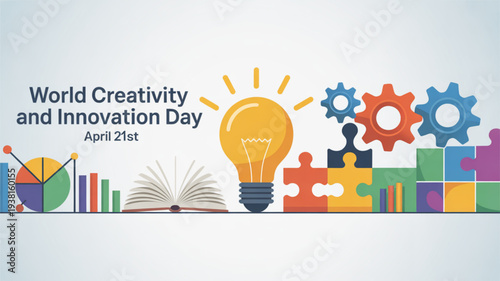 World creativity and innovation day banner with lightbulb gears puzzle pieces and book on april 21st