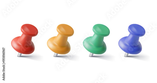 Colorful 3D vector with thumbtack push pin emoji icon set. Collection of cartoon style thumbtacks in multiple colors