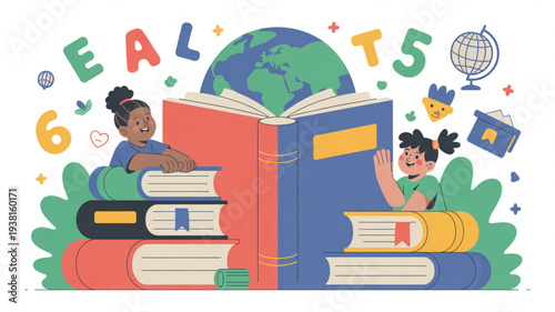 Two children reading colorful books around globe with educational symbols